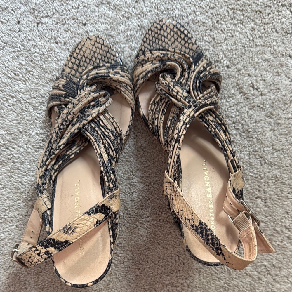 Loeffler Randall Black and Tan Heels with snakeskin pattern.